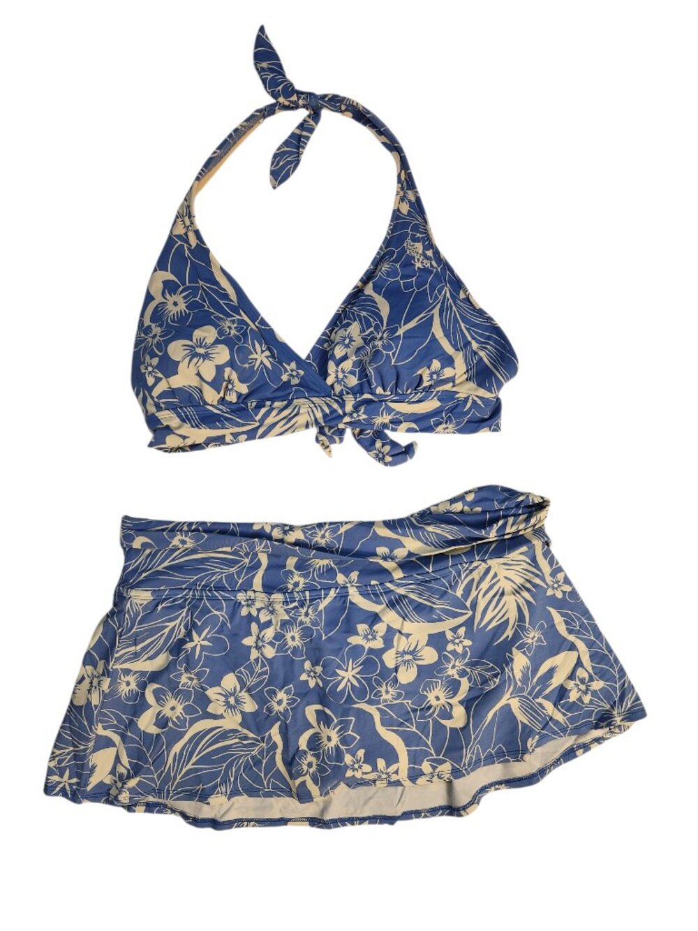 Beach House Two Piece Skort Bathing Suit Size 14 Blue White Flower Print Halter